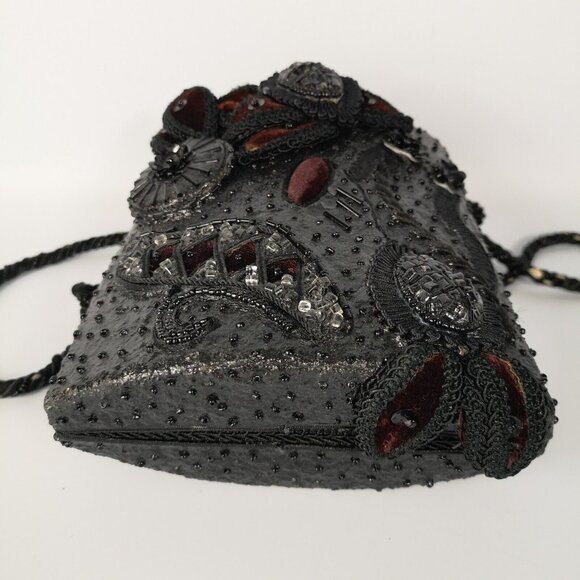 VTG Mary Frances Black Burgundy Velvet Embellished Beaded Small Shoulder Bag - Picture 11 of 16
